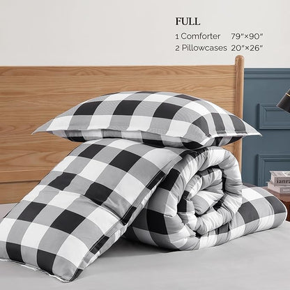 Andency Black Grey White Plaid Comforter Set Full Size (79x90 Inch), 3 Pieces (1 Gingham Comforter and 2 Pillowcases), Summer Lightweight Microfiber Buffalo Check Down Alternative Comforter Set