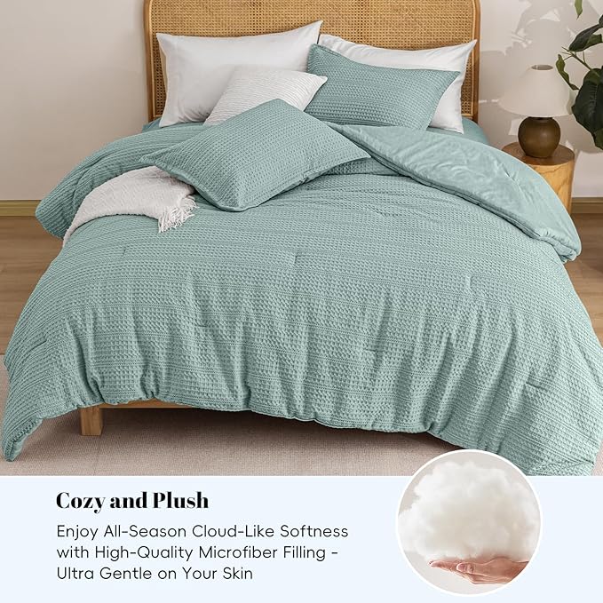 PHF Soft Waffle Comforter Set King Size- Comfy Breathable Waffle Weave Comforter with 2 Pillow Shams, 3 Pieces Less Snagging Lightweight Textured Bedding Set for All Season, Aqua