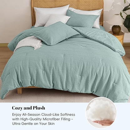 PHF Soft Waffle Comforter Set Queen Size- Comfy Breathable Waffle Weave Comforter with 2 Pillow Shams, 3 Pieces Less Snagging Lightweight Textured Bedding Set for All Season, Aqua