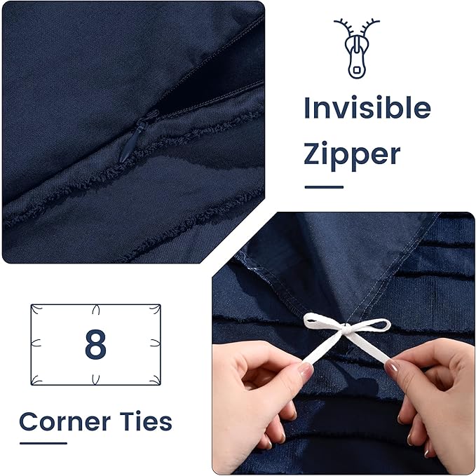 NEXHOME PRO Duvet Cover,Navy 3 Pieces Boho Tufted Duvet Cover Set, Soft and Lightweight 100% Washed Microfiber Comforter Cover Set for All Season(Navy Cal King, 104 x 98)-No Comforter