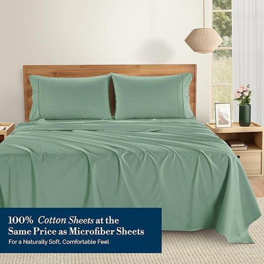 Casa Platino Twin Bed Sheets – 100% Cotton Sheets with 2 Pillowcases, Crisp Percale Weave & Cozy Feel, Cooling & Breathable Twin Sheet Set with 15" Deep Pocket, Excellent Quality & Fit – Sage Green