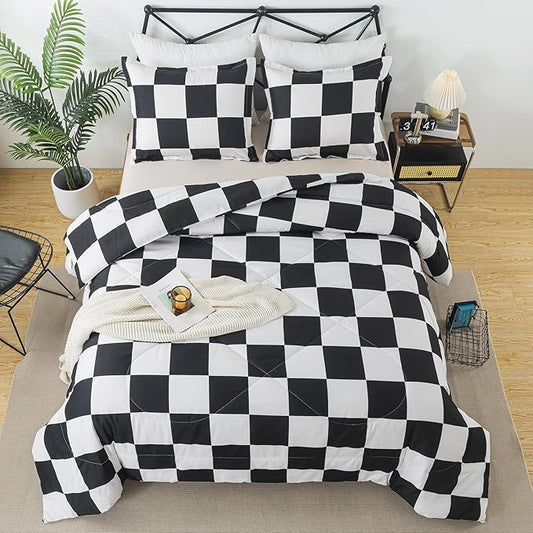 Caressma Queen Comforter Set Black White Plaid (90x90 Inch), 3 Pieces Buffalo Comforter Bedding Set, Stylish Geometric Checkered Grid Fluffy Home Decoration