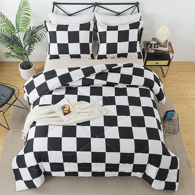Caressma Black White Plaid Comforter Set Queen Size, Buffalo Check Plaid Comforter Bedding Set for All Seasons, Farmhouse Soft Microfiber Comforter with Pillowshams