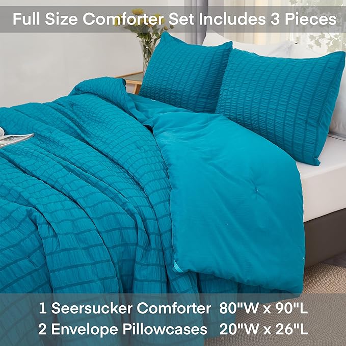 AveLom Teal Seersucker Full Comforter Set (80x90 inches), 3 Pieces-100% Soft Washed Microfiber Lightweight Comforter with 2 Pillowcases, All Season Down Alternative Comforter Set for Bedding