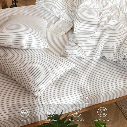 MooMee Fitted Bottom Sheet Only 100% Washed Cotton Linen Like Textured Breathable Durable Soft Comfy Deep Pocket Fits Mattress up to 17" (White Dark Grey Wide Stripes, King)