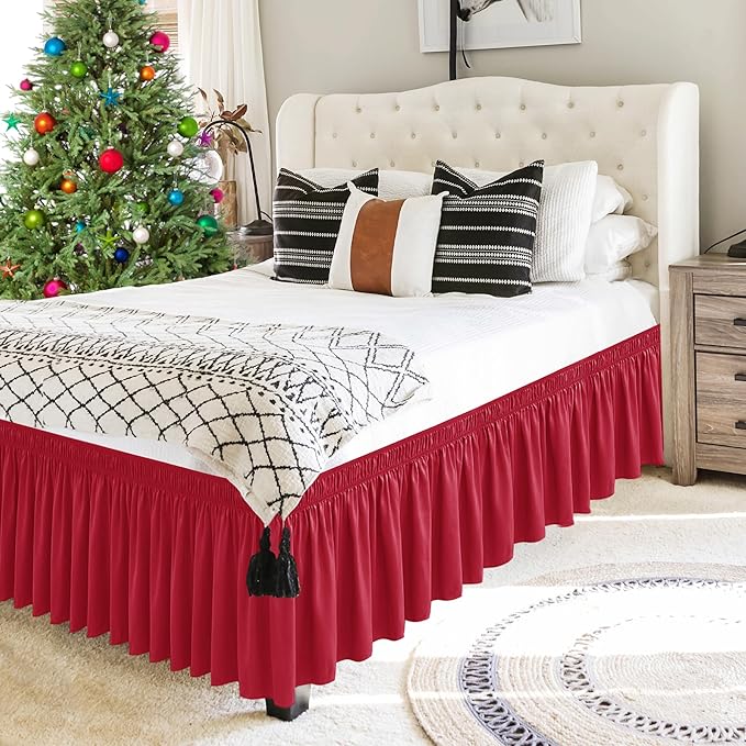 Biscaynebay Wrap Around Bed Skirts for Queen Beds with Short Drop of 12", Red Adjustable Elastic Dust Ruffles Easy Fit Wrinkle Resistant Silky Luxurious Fabric Machine Washable