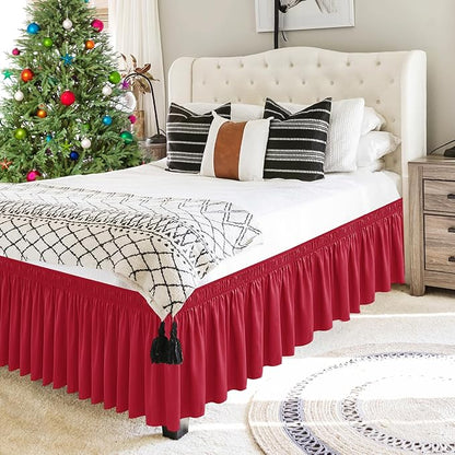 Biscaynebay Wrap Around Bed Skirts for King & Cal King Beds Short Drop of 12", Red Adjustable Elastic Dust Ruffles Easy Fit Wrinkle Resistant Silky Luxurious Fabric Machine Washable