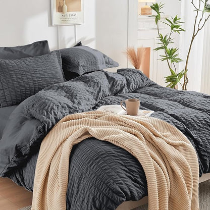 HYMOKEGE Dark Grey Twin Size Duvet Cover, Ultra Soft 2-Piece Seersucker Duvet Cover Set with Zipper Closure, Soft Brushed Microfiber Bedding Set with 8 Corner Ties (68"x90", 1 Pillowshams)