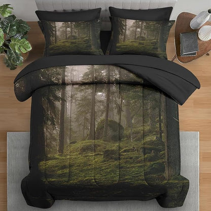 Comforter Set Full Size, Tree Forest 7 Pcs Bedding for Kids and Adults, Mystic Mountain Plant Leaf Bed Sheet Sets with Fitted Sheet 2 Pillowcases & 2 Shams for Bedroom Bed Decor