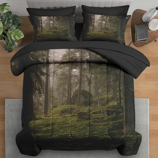Comforter Set Full Size, Tree Forest 7 Pcs Bedding for Kids and Adults, Mystic Mountain Plant Leaf Bed Sheet Sets with Fitted Sheet 2 Pillowcases & 2 Shams for Bedroom Bed Decor
