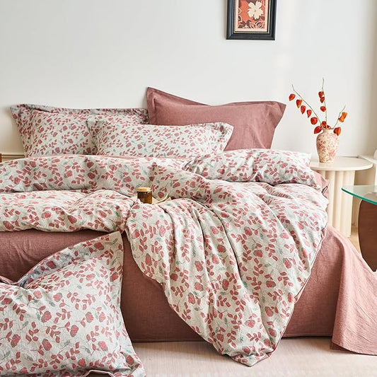 mixinni 100% Washed Cotton Duvet Cover Set, Reversible Vintage Floral Jacquard Textured Comforter Cover, Boho Farmhouse Bedding Set with Zipper Closure for All Season, Queen Size