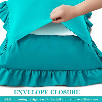 KKJIAF Ruffle Pillow Cases Queen Size Set of 2, Ruffled Pillow Covers with Envelope Closure, Wrinkle Resistant Ruffled Pillow Shams 20" x 30", Teal