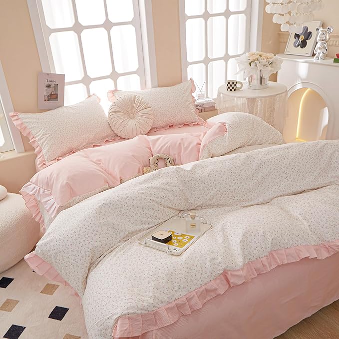 VM VOUGEMARKET Flower Comforter Set Full 3 Pcs Vintage Pink Floral Bedding Comforter with Elegant Ruffles All Season Soft & Lightweight Comforter Set for Girls Women 80"x90"