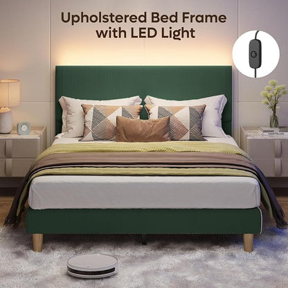 Bestier Queen Platform Bed Frame with Headboard LED Light,Upholstered,Green | No Squeaks,Easy Assembly,LED Lighting Headboard,Vertical Channel Corduroy Upholstered,Wood Slats Support,No Box Spring Needed