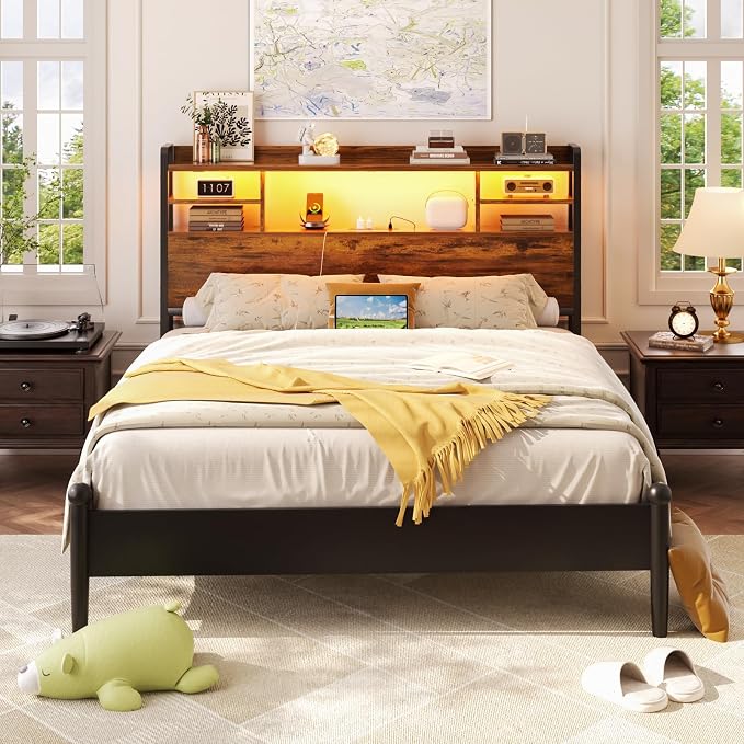 Aheaplus Headboard for Full Size Bed with Storage, Headboards with LED Light, Power Outlets, USB Ports Full Size Head Board, Wood headboard Only Sturdy and Stable Headboards, Modern, Rustic Brown