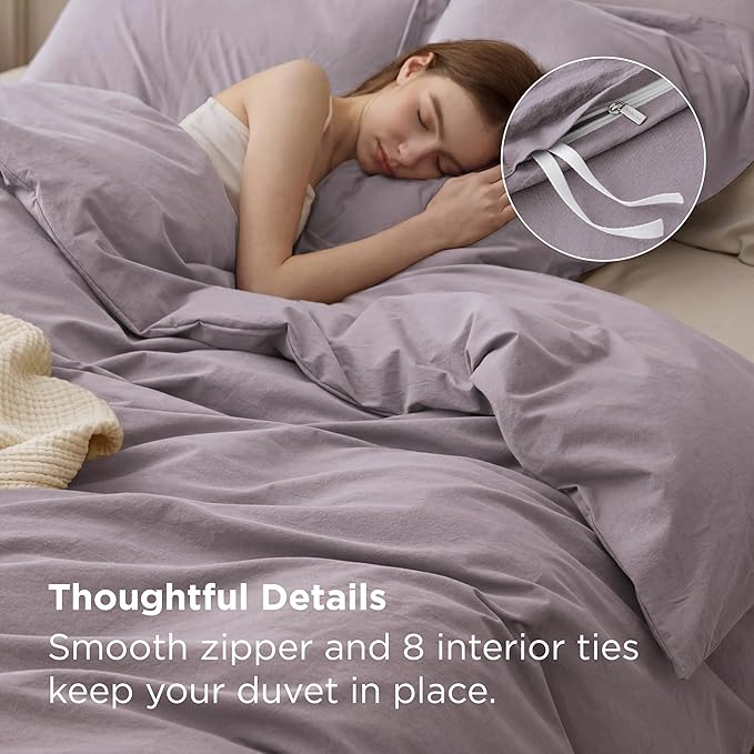 Bedsure 100% Washed Cotton Duvet Cover Queen Size - Lavender Minimalist Bedding Set Linen Like - PureWoven Plain Simple & Soft Comforter Cover for All Seasons (Lavender, Queen, 90"x90")
