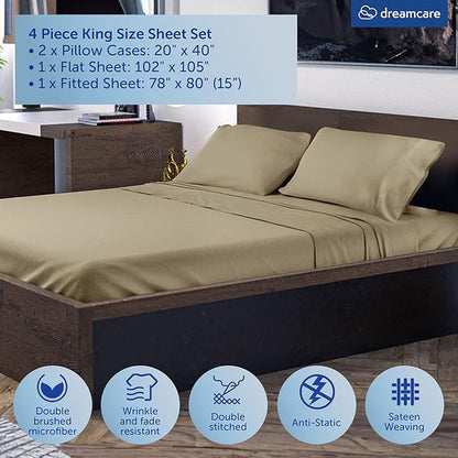 DREAMCARE King Size Sheets Set – 4 pcs Super Soft & Lightweight Cooling Sheets – up to 21” Deep Pocket King Sheet Set – Hotel Luxury Sheets & Pillowcases 100% Microfiber with Side Pocket Eucalyptus
