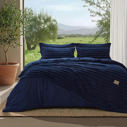 Bedsure Gentlesoft™ 2-in-1 Queen Comforter Set and Detachable Fluffy Blanket, Navy Blue Bedding Set for All Season Use, SnapTech Design for Space Saving (Includes 2 Pillow Shams, 2 Pillowcases)