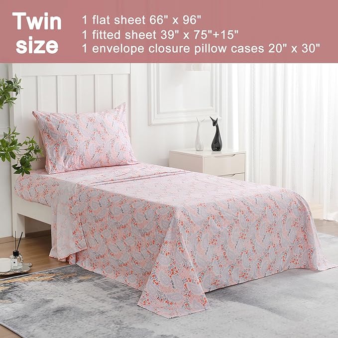 JSD Pink Paisley Floral Sheet Set Twin Size, 3 Piece Soft Printed Microfiber Sheets Extra Deep Pocket
