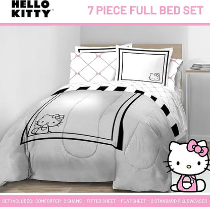 Jay Franco Comforter Set Includes Sheets and Pillow Covers - Soft and Cozy Bed Set for Stylish Room Decor, White - Hello Kity 7 Piece Full Size Bedding