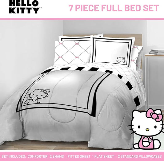 Jay Franco Comforter Set Includes Sheets and Pillow Covers - Soft and Cozy Bed Set for Stylish Room Decor, White - Hello Kity 7 Piece Full Size Bedding