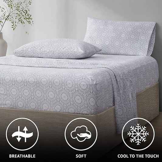 Comfort Spaces 100% Cotton Sheets Queen, Breathable, Naturally Cool Cotton Sheets, Soft Cotton Bed Sheets with 14" Elastic Pocket Fits up to 16" Mattress, All Seasons Sheet Set, Adelia Gray 4 Piece