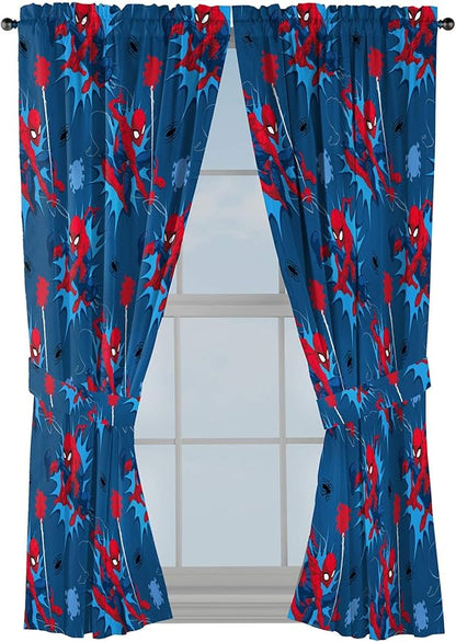 Jay Franco Kids Window Drapes - 4 Piece Curtain Set Includes 2 Tiebacks, Beautiful Bedding Room Décor and Easy Set Up, Blue - Spiderman, 63 Inch