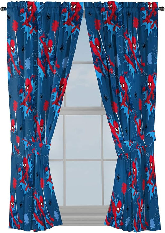 Jay Franco Kids Window Drapes - 4 Piece Curtain Set Includes 2 Tiebacks, Beautiful Bedding Room Décor and Easy Set Up, Blue - Spiderman, 63 Inch