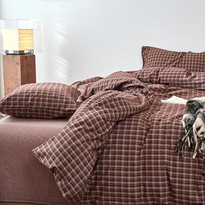 EAVD Vintage Style Burgundy Gingham Duvet Cover King 100% Washed Cotton Like Linen Feel Soft Checkered Grid Plaid Bedding Set with 2 Pillowcases Farmhouse Grid Geometric Duvet Cover with Zipper