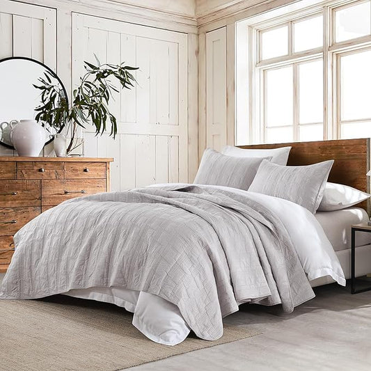 HORIMOTE HOME 100% Cotton Quilt Set King Size, Light Grey Pre-Washed Bedspread Coverlet Set, Cozy Lightweight Stitching Decorative Bedding Cover with 2 Shams in Geometric Pattern for All Season