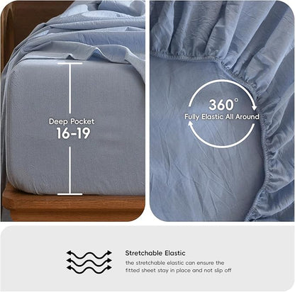 MooMee Bedding Sheet Set 100% Washed Cotton Linen Like Textured Breathable Durable Soft Comfy (Heathered Cornflower Blue, California King)