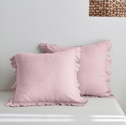 Simple&Opulence 100% Linen Euro Sham Covers with Ruffle, 26x26 Inch Pillow Covers Set of 2, Euro Pillow Shams for Bed Couch French Home Decor Luxury and Breathable Square Pillow Cases, Blush Pink