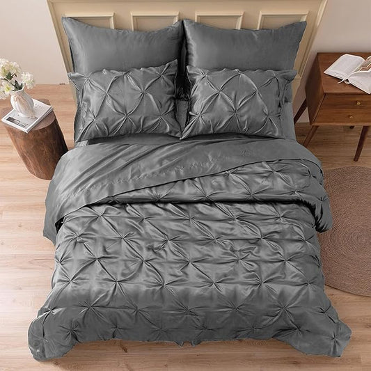 MR&HM Satin Comforter Set Oversized Queen, 7 Piece Bed in a Bag, Silky Soft All Season Bed Set, Luxury Pinch Pleat Bedding Set with Comforter, Sheets, Pillowcases & Shams, Dark Grey