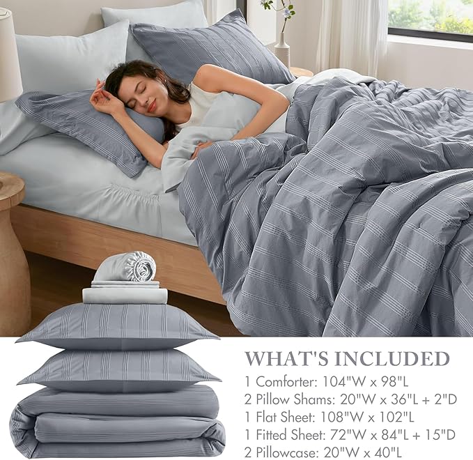 Madison Park Essentials Striped Comforter Set Cal King, 7 Pieces Modern Minimalist Jacquard Bedding Set for All Season, Bed in A Bag with Sheet Set and Soft Brushed Reverse, Lightweight Blue/Grey