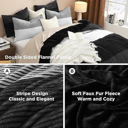 Litanika Fluffy Fleece King Size Comforter Set, Luxury Soft Plush Fuzzy Black & White Stripe Bedding Comforter Sets, Warm Shaggy Faux Fur Bed Set All Season (1 Comforter, 2 Pillowcases)