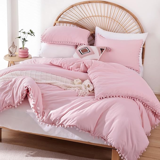 YIRDDEO Queen Comforter Set - Comforter Queen Size Sets with Ball Pom Fringe, Soft Bedding Set for All Seasons - 3 Pieces, 1 Comforter (90"x90") & 2 Pillow Shams (20"x26"), Dust Pink
