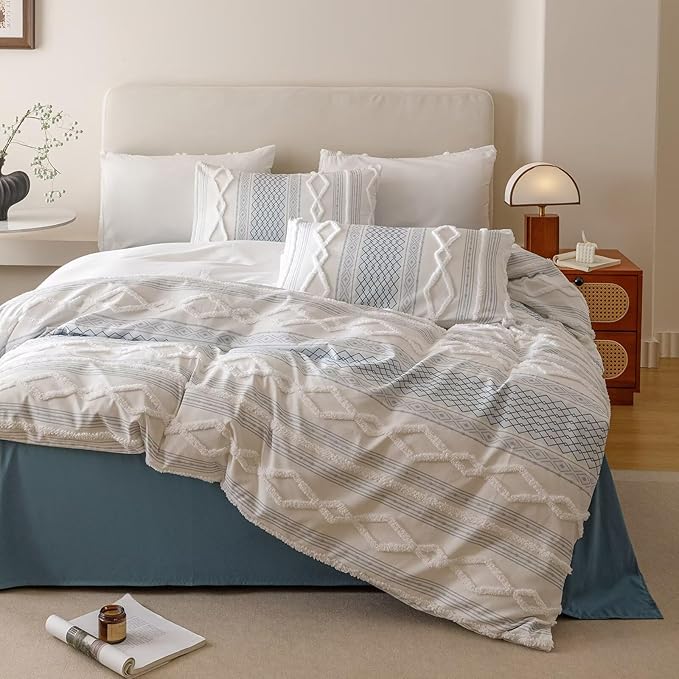 Houseri Tufted Blue Comforter Set California King Jacquard Bedding Shabby Chic Farmhouse Bed Sets Cal King