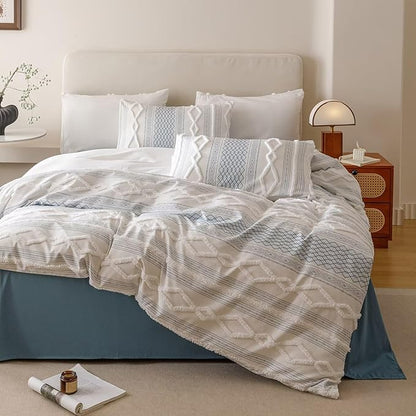 Houseri Tufted Blue Comforter Set Queen Jacquard Bedding Shabby Chic Farmhouse Bed Sets Queen