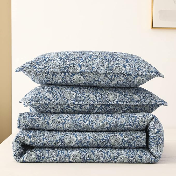 DURLENGEN Quilt Set Queen Size 3Pcs,Soft Microfiber Lightweight Bedspread,Blue & Green Paisley Floral Geometric Pattern Coverlet for All Season Layering(Queen 90x96,Paisley Blue)