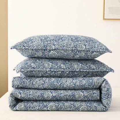DURLENGEN Quilt Set Queen Size 3Pcs,Soft Microfiber Lightweight Bedspread,Blue & Green Paisley Floral Geometric Pattern Coverlet for All Season Layering(Queen 90x96,Paisley Blue)