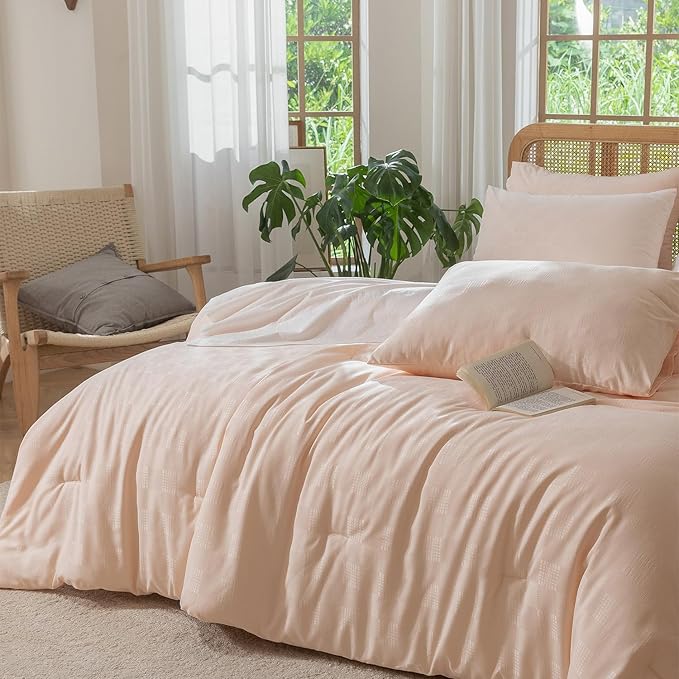 King Size Comforter Pink - Waffle Checkered Bedding, Textured Thermal Breathable Design for All Seasons, Ultra-Soft Combo for Year-Round Comfort