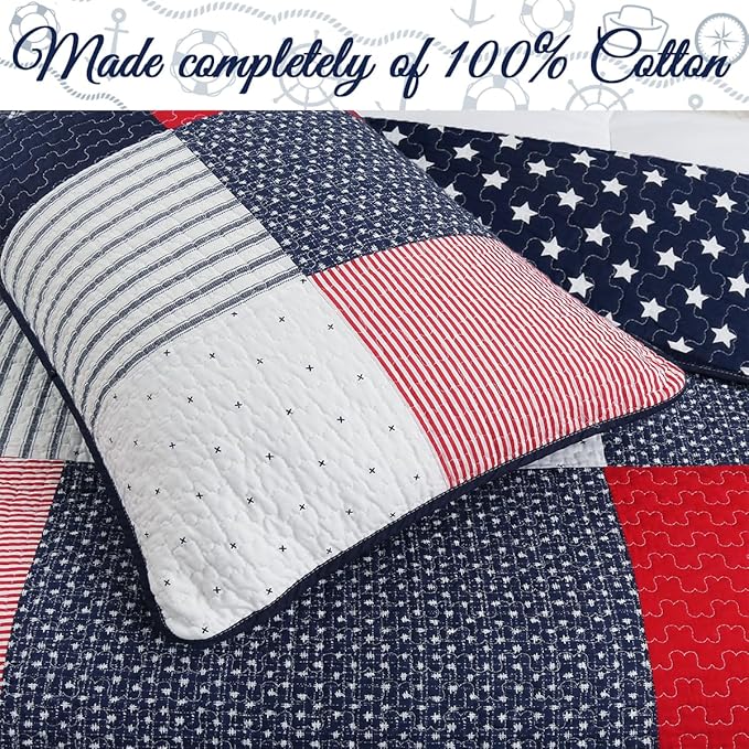 Cozy Line Home Fashions 100% Cotton Sailor Navy Blue Star Striped Print Cotton Reversible Bedding Quilt Set (Patriotic Patchwork, Twin)