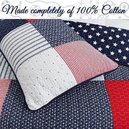 Cozy Line Home Fashions 100% Cotton Sailor Navy Blue Star Striped Print Cotton Reversible Bedding Quilt Set (Patriotic Patchwork, Twin)