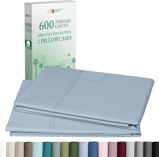 Luxuriously Soft Premium 600 Thread Count, 100% Cotton Set of 2 Cases, Crisp Pillowcases Standard Set of 2 Fits Standard & Queen Pillows (Blue)