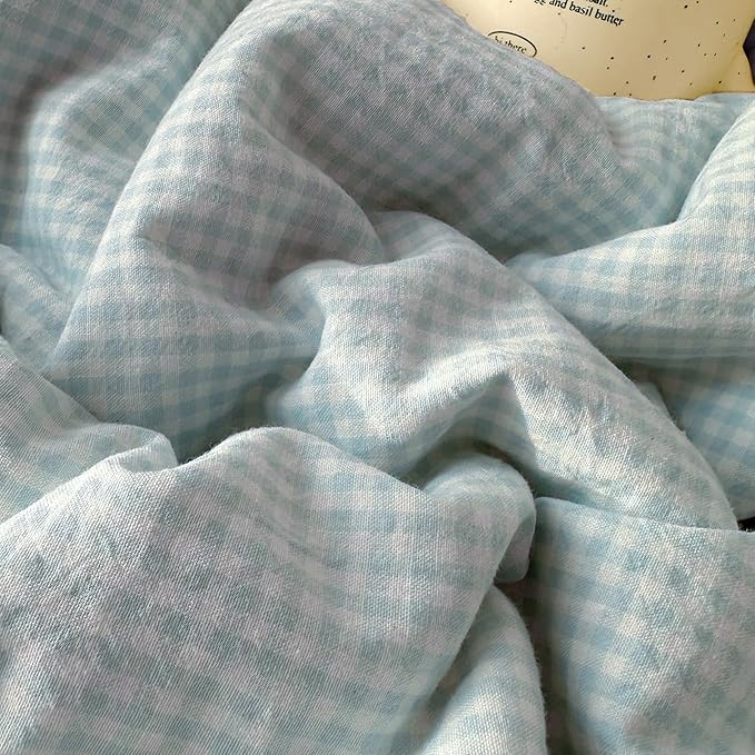 Blue Gingham King Comforter Set Down Alternative Boho Bedding Set Soft Lace-Trimmed Fluffy All Season Bedding Comforter Sets Lightweight Microfiber Cute Plaid Comforter with 2 Pillowcases