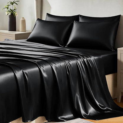 CozyLux Satin Sheets Queen Size Bed Set - 6 Piece Silky Queen Sheet Set, Luxury Black Queen Sheets with Smooth and Soft Microfiber, Includes 1 Fitted Sheet, 1 Flat Sheet and 4 Pillowcases