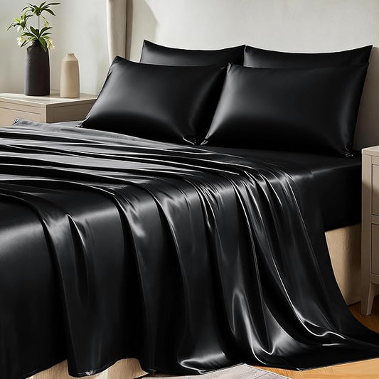 CozyLux Satin Sheets Full Size Sheets - 6 Piece Silky Full Size Bed Sheets, Luxury Black Full Bed Set with Smooth and Soft Microfiber, Includes 1 Fitted Sheet, 1 Flat Sheet and 4 Pillowcases