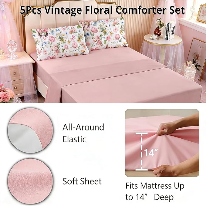 Pink Twin Bed in A Bag for Girls 5Pcs Priness Bow Comforter Set Butterfly Bedding for Kids Kawaii Bedroom Decor, 1 Comforter +2 Pillowcases + 1 Flat Sheet + 1 Fitted Sheet