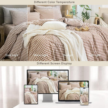 MooMee Gingham Duvet Cover Set 100% Washed Cotton Linen Like Textured Breathable Durable Soft Comfy Modern Checkered Design (Dark Orange Gingham, King 104"x90")