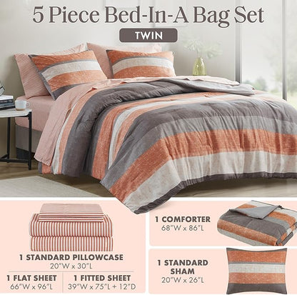 Madison Park Essentials Jaxon Twin Comforter Set, Bed in A Bag Comforter & Sheet Set, Modern Casual Stripes Print, All Seasons, Soft Bedding Makeover, Matching Sham, Twin Coral/Grey 5 Piece